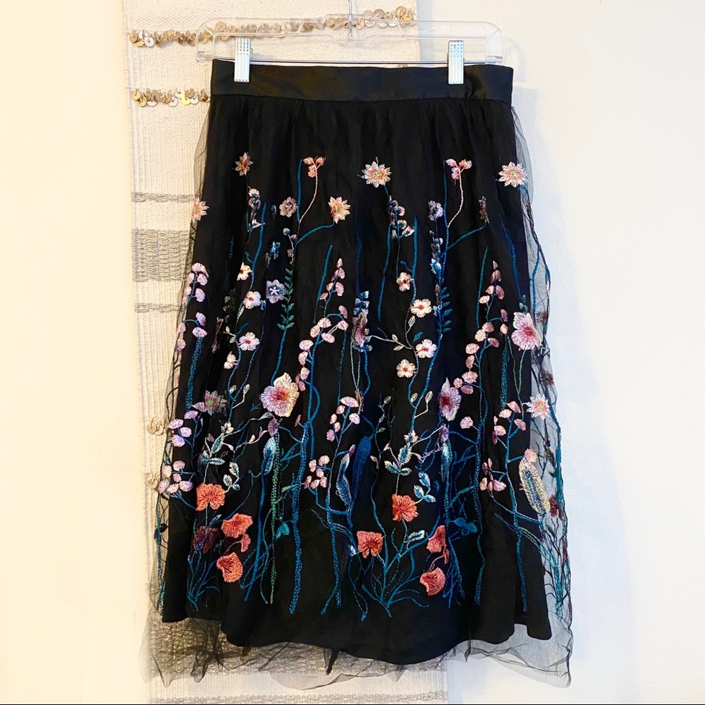 H&M Floral Overlay Tulle Midi Skirt Lined Zip 8